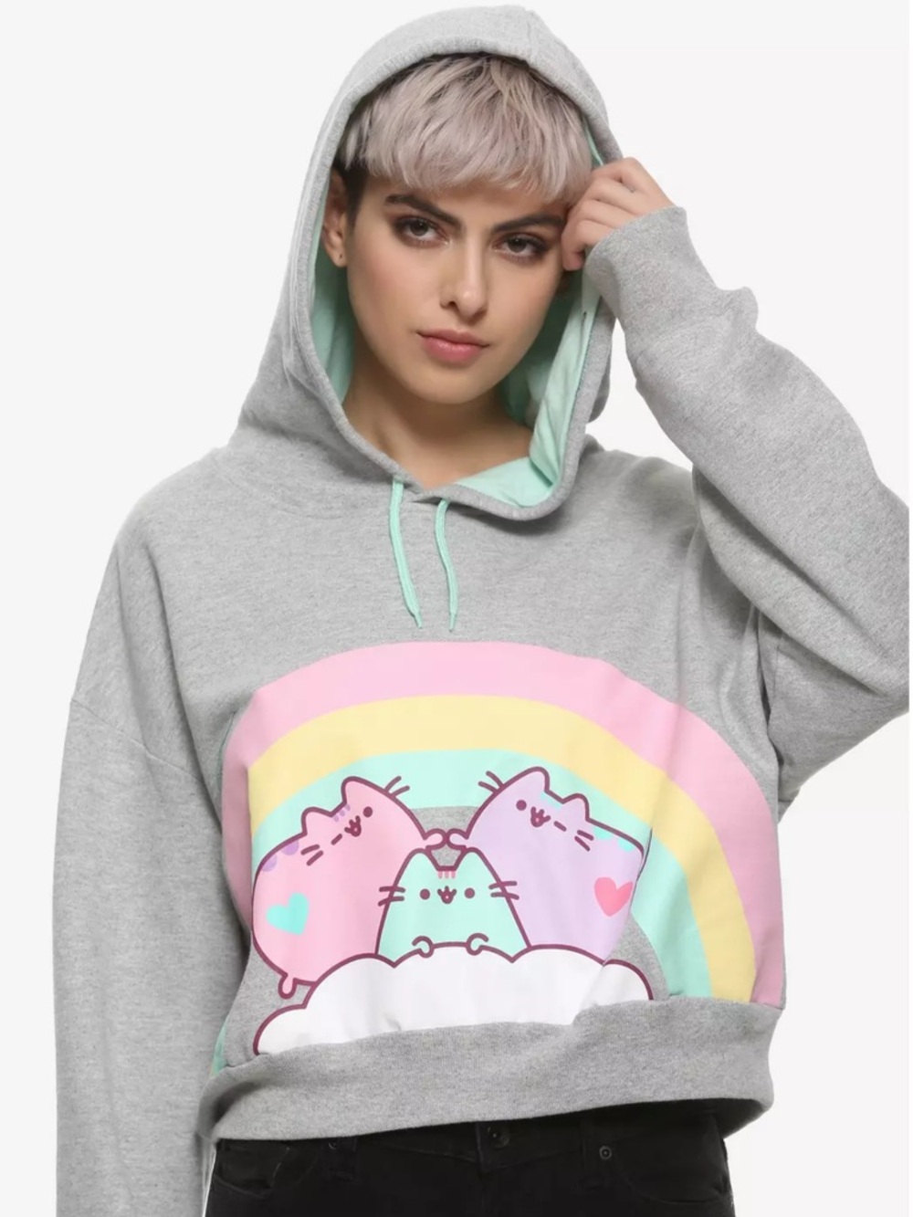 Pusheen Rainbow Cat Hoodie Large Kawaii Pastel Cropped Sweatshirt Girlhood